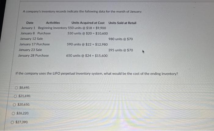 A company's inventory records indicate the following data for the month of January:
Date
Activities
Units Acquired at Cost Units Sold at Retail
January 1 Beginning inventory 550 units @ $18 - $9.900
January 8 Purchase
530 units @ $20-$10,600
January 12 Sale
January 17 Purchase
January 23 Sale
January 28 Purchase
O $8,690.
O $21,690.
$20,650.
$26,220.
590 units @ $22 - $12,980
If the company uses the LIFO perpetual inventory system, what would be the cost of the ending inventory?
$27,390.
650 units @ $24 - $15,600
980 units @ $70
395 units @ $70