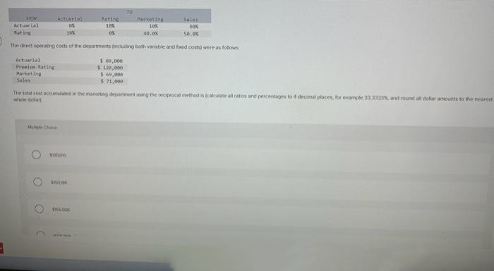 3
FROM
Sales
Actuarial
10%
Rating
50.0%
The deect operating costs of the departments (including both vanable and fixed costs) were as follows
Actuarial
Premium Rating
Marketing
Sales
O
Actuarial
0x
10%
O
10000
The total cost accumulated in the marketing department using the reciprocal method is (calculate all ratios and percentages to 4 decimal places, for example 33.3333%, and round all dollar amounts to the nearest.
whole dolad
$100190
$65.000
Rating
10%
0%
CREDENCE
TO
$80,000
$ 120,000
$ 69,000
$71,000
Marketing
10%
40.0%