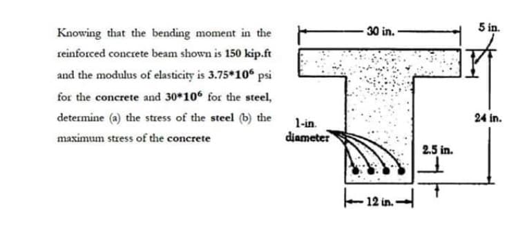 Knowing that the bending moment in the
30 in.
5 in.
reinforced concrete beam shown is 150 kip.ft
and the modulus of elasticity is 3.75*10“ psi
for the concrete and 30*106 for the steel,
determine (a) the stress of the steel (b) the
24 in.
1-in.
diameter
maximum stress of the concrete
2.5 in.
- 12 in-
