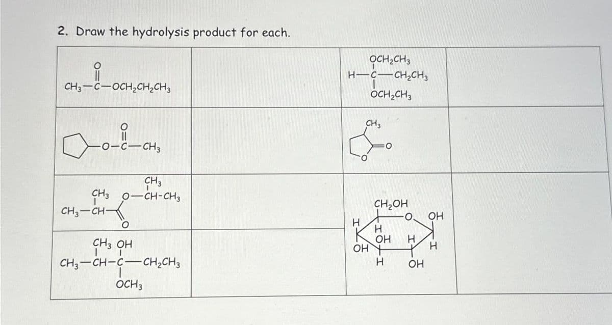 2. Draw the hydrolysis product for each.
CH3-C-OCH2CH2CH3
OCH2CH3
H-C-CH2CH3
OCH2CH3
CH3
✓
-O-C-CH3
CH3
CH3-CH-CH3
CH3-CH-
O
CH 3 OH
CH3-CH-C-CH2CH3
OCH3
CH₂OH
OH
H
H
OH H
OH
H
H
OH