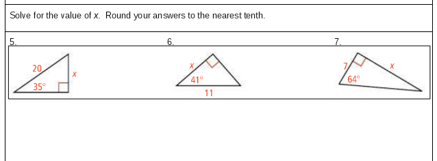 Solve for the value of x. Round your answers to the nearest tenth.
6.
7.
X.
20
41
64°
35°
11
