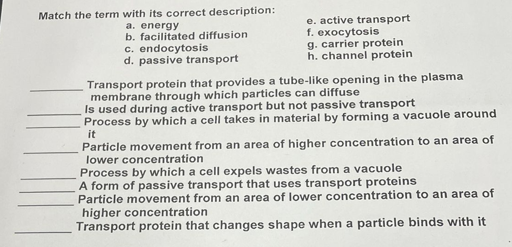 Match the term with its correct description:
a. energy
b. facilitated diffusion
c. endocytosis
d. passive transport
e. active transport
f. exocytosis
g. carrier protein
h. channel protein
Transport protein that provides a tube-like opening in the plasma
membrane through which particles can diffuse
Is used during active transport but not passive transport
Process by which a cell takes in material by forming a vacuole around
it
Particle movement from an area of higher concentration to an area of
lower concentration
Process by which a cell expels wastes from a vacuole
A form of passive transport that uses transport proteins
Particle movement from an area of lower concentration to an area of
higher concentration
Transport protein that changes shape when a particle binds with it