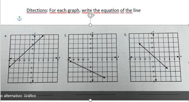 Ditections: For each graph, write the equation of the line
www wwww b
4.
5.
6.
o alternativo: Gráfico
