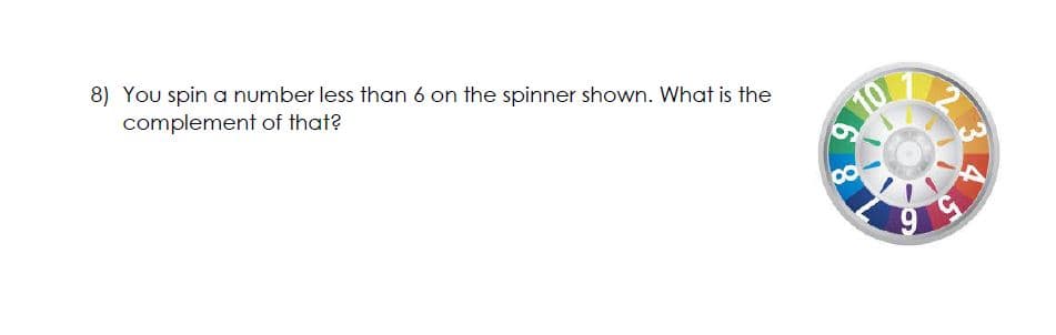 8) You spin a number less than 6 on the spinner shown. What is the
complement of that?
∞
OLL6
12