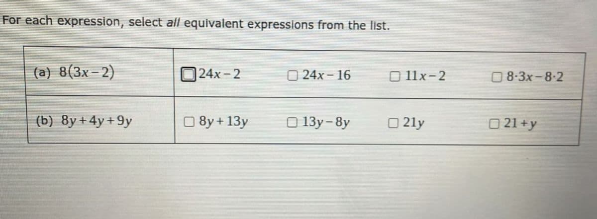 For each expression, select all equivalent expressions from the list.
(a) 8(3x-2)
(b) 8y+4y+9y
E24x-2
8y + 13y
Đ 24x – 16
13y-8y
11x-2
21y
08-3x-8-2
21+y