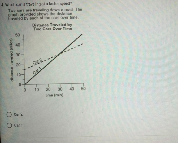 4. Which car is traveling at a faster speed?
Two cars are traveling down a road. The
graph provided shows the distance
traveled by each of the cars over time.
Distance Traveled by
Two Cars Over Time
50-
40-
30-
20-
Car 2.
--
10
Car 1
10
20
30
40
50
time (min)
O Car 2
O Car 1
distance traveled (miles)
