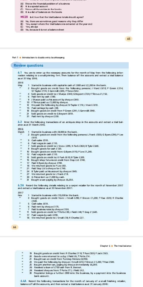 A Shows the financial position of a business
) tkaspecial account
n Shnwt ali the ontriee in te hankt
D) t is a list af balances an the baoks
MC20 kit true that the trial balance totak should agree?
AA No, there are sometimes good reasons why they differ
B) Yes except vihere the trial balance is extracted at the year end
O Yes, atways
D) No, because it is nat a balance sheet
65
Part 1. Introductaon to double entry bo okkeeping
Review questions
6.1 You are to enter up the necesary accounts for the month of May fram the follaving infor-
mation retating to a small printing firm. Then balance aff the accaunts and extract a trial balance
as at 31 May 20K6.
2006
1 Started in business with capital in cash of LB00 and 2,200 in the bank.
2 Bought goods on credit from the fallowing persons: J Ward £610 P Green E214
M Taylor E174; 5 Gemmill 345; P Tane ES42.
4 Sold goods an aredit ta: I Sharpe 34a; GBaycatt 720 F Titmus £1,152.
6 Paid rent by canh CI0,
I Sharpe paid us his account by cheque 340.
10 F Titmus paid us (1,000 by cheque.
12 We paid the folloving by cheque M Taylor E174 J Ward E610.
15 Paid carriage by cash .
8 Hought goods an credit from PGreen 291;S Gemmill 940.
21 Soki goods an credit to GBoycatt 10.
1 Paid rent by cheque 230.
May
6.2 inter the fallovang transactions af an antiques shop in the accounts and extract a trial bal-
ance as at 31 March 20x6.
20X6
March
1 Started in busines with R,000 in the bank.
2 Hought goods an credit from the following persons LFrank ESS0 G ayen 290; P Lee
E610.
S Cash sales (S10.
6 Paid wages in cash E110.
7 Sold goods on credit ta: 1 Snow Ez95; K Park 36 8 Tyler (640.
9 Bought goods for cash 120.
D Hought goads on credit from: GByers £4 10 PLee f1,240,
12 Paid wages in cash E110.
3 Sold goods on credit to: KPark E6 10; B Tyler (205.
15 Bought shop fatures on credit from Stap Ltd E740.
17 Paid Glyers by cheque 700.
11 We returned goods to PLee E.
21 Paid Stop Ltd a cheque for L740.
24 I Tyler paid us his accounit by cheque EB4S.
27 We returned goods to L Frank L18.
30 G Prince lent us E1,000 by cash.
n Bought avan paying by cheque f250.
6.3A Record the following detait relating to a carpet retailer for the month af November 207
and extract a trial balance as at 30 November 20X7:
200X7
Nov
1 Started in business with 115,000 in the bank.
3 Hought goods on credit from: J Small £290, F Brown E1,200; T Rae f610; R Charles
ES30,
S Cash sales 610.
6 Paid rent by cheque 175.
7 Paid busines rates by cheque E130.
11 Sold goods on credit to: TPotts (85; Field E48 T Gray E1,640.
17 Paid wages by cash 290,
18 We returmed goods to: I Small £18 R Charles 27.
66
Chapter 6. The trial balance
19 Baught goads an credit fram: R Charkes E1 10; TRae 20; F Jack E165.
D Goods were returned to us by: 1 Field (6; T Potts (14.
1 Haught van on redit from Turnkey Motors (4950.
a we paid the following by dheque Small 272; FBrown E1,200; TRae ES00.
3 Haught anather van, paying by cheque immediately 4200.
26 Received a loan of 750 cash fram 8. Bennet.
28 Received cheques from: T Patts 01;1 Field E42.
D Proprietar brings a further (900 inta the busines, by a payment into the business
bank account.
6,4A Record the following transactions for the manth of January of a small finishing retailer,
balance off all the accounts, and then extract a trial balance as at 31 January 208:
:::: :: ::::::: ::
