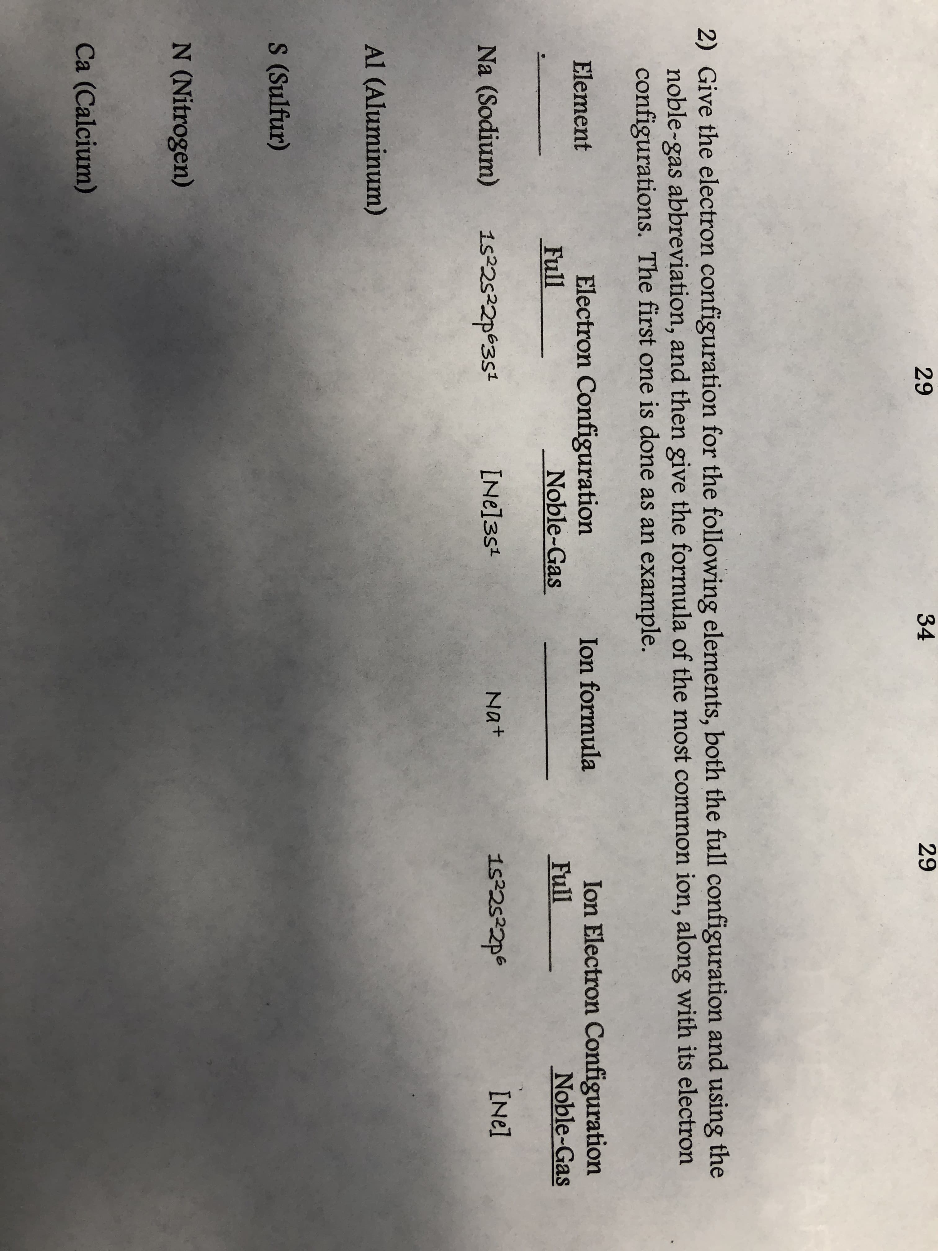 34
29
29
2) Give the electron configuration for the following elements, both the full configuration and using the
noble-gas abbreviation, and then give the formula of the most common ion, along with its electron
configurations. The first one is done as an example.
Ion Electron Configuration
Full
Electron Configuration
FullNoble-Gas
Ion formula
Element
Noble-Gas
INel
Na (Sodium) 1s22s22p63S1 INelss
Nat
Al (Aluminum)
S (Sulfur)
N (Nitrogen)
Ca (Calcium)

