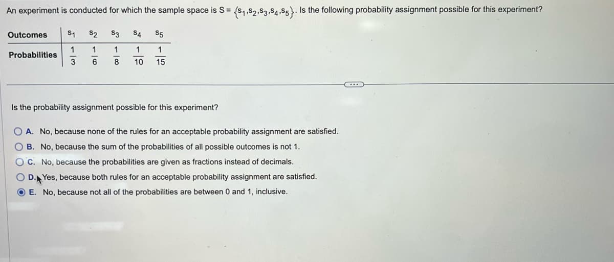 An experiment is conducted for which the sample space is S =
Outcomes
Probabilities
S₁ $2 S3 S4 S5
1 1
1 1
6 8
10 15
1/3
Is the probability assignment possible for this experiment?
200
= {S₁,S2,S3,S4,S5}. Is the following probability assignment possible for this experiment?
O A. No, because none of the rules for an acceptable probability assignment are satisfied.
OB. No, because the sum of the probabilities of all possible outcomes is not 1.
OC. No, because the probabilities are given as fractions instead of decimals.
D. Yes, because both rules for an acceptable probability assignment are satisfied.
E. No, because not all of the probabilities are between 0 and 1, inclusive.
C.