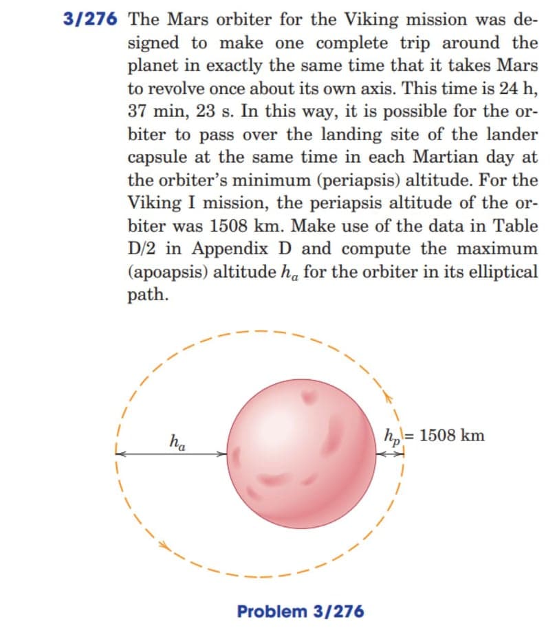 3/276 The Mars orbiter for the Viking mission was de-
signed to make one complete trip around the
planet in exactly the same time that it takes Mars
to revolve once about its own axis. This time is 24 h,
37 min, 23 s. In this way, it is possible for the or-
biter to pass over the landing site of the lander
capsule at the same time in each Martian day at
the orbiter's minimum (periapsis) altitude. For the
Viking I mission, the periapsis altitude of the or-
biter was 1508 km. Make use of the data in Table
D/2 in Appendix D and compute the maximum
(apoapsis) altitude ha for the orbiter in its elliptical
path.
ha
h,= 1508 km
Problem 3/276
