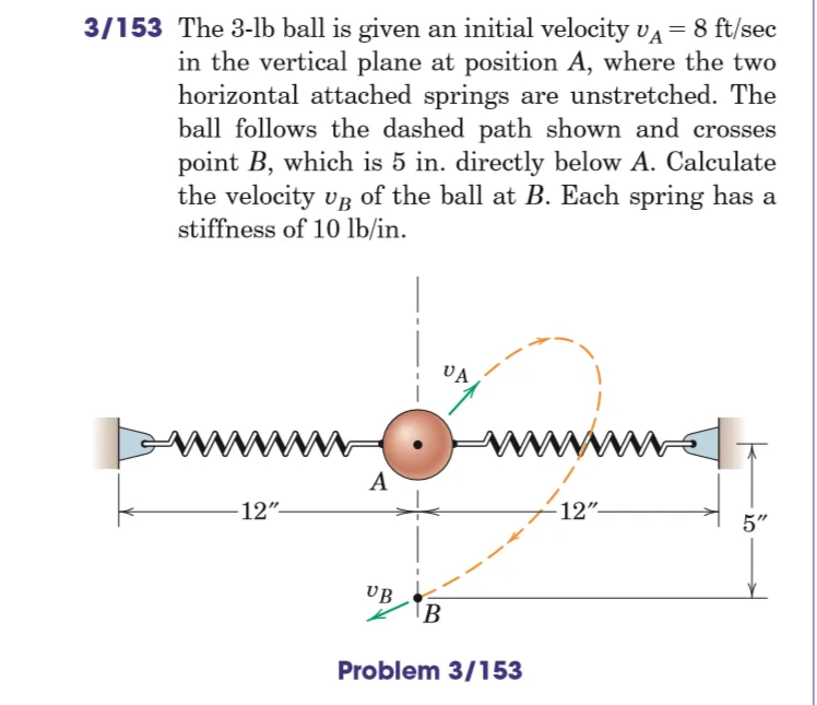 3/153 The 3-lb ball is given an initial velocity VA = 8 ft/sec
in the vertical plane at position A, where the two
horizontal attached springs are unstretched. The
ball follows the dashed path shown and crosses
point B, which is 5 in. directly below A. Calculate
the velocity UB of the ball at B. Each spring has a
stiffness of 10 lb/in.
wwwwwww.
www.
12"-
12"-
A
UB
B
Problem 3/153
5"