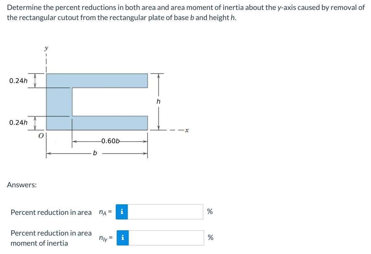 Determine the percent reductions in both area and area moment of inertia about the y-axis caused by removal of
the rectangular cutout from the rectangular plate of base b and height h.
y
0.24h
0.24h
-0.60b-
b
Answers:
Percent reduction in area
NA =
i
Percent reduction in area
%
nly
moment of inertia
