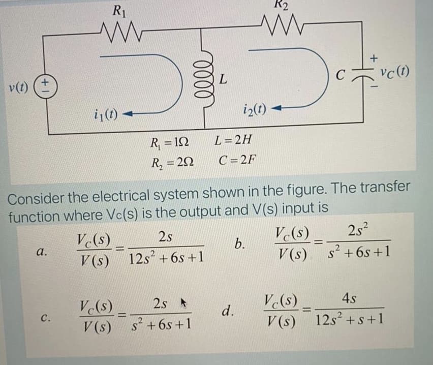 R1
R2
C
vc (1)
v(t)
i,(t) -
iz(t)
R = 12
L= 2H
R, = 20
C = 2F
Consider the electrical system shown in the figure. The transfer
function where Vc(s) is the output and V(s) input is
2s?
V(s)
V (s)
2.s
V(s).
V(s)
b.
%3D
a.
12s + 6s +1
s'+6s +1
Ve(s)
d.
4s
V(s)
V (s)
2s
%3D
с.
%3D
s +6s +1
V (s) 12s² +s+1
