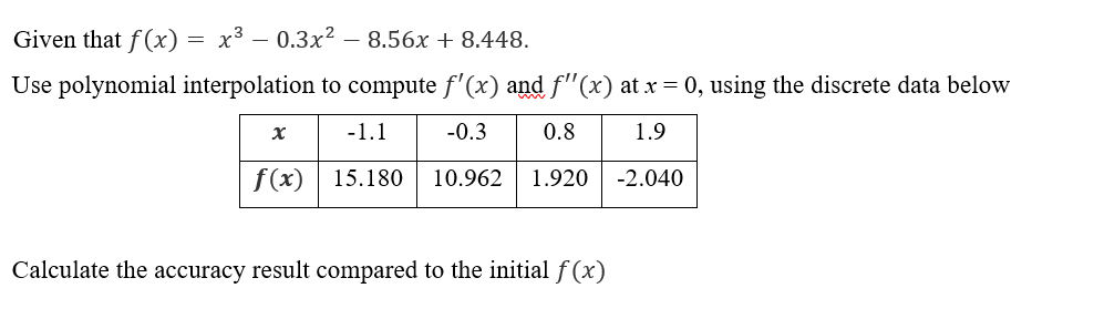 Given that f(x) = x³ 0.3x² 8.56x + 8.448.
Use polynomial interpolation to compute f'(x) and f'(x) at x = 0, using the discrete data below
x
-1.1
-0.3
0.8
1.9
f(x) 15.180
10.962 1.920
-2.040
Calculate the accuracy result compared to the initial f(x)