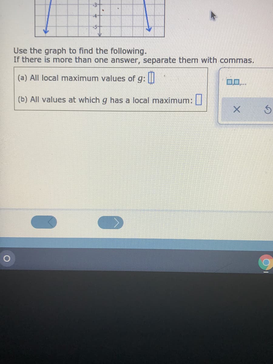 Use the graph to find the following.
If there is more than one answer, separate them with commas.
(a) All local maximum values of g:
0..
(b) All values at which g has a local maximum:
