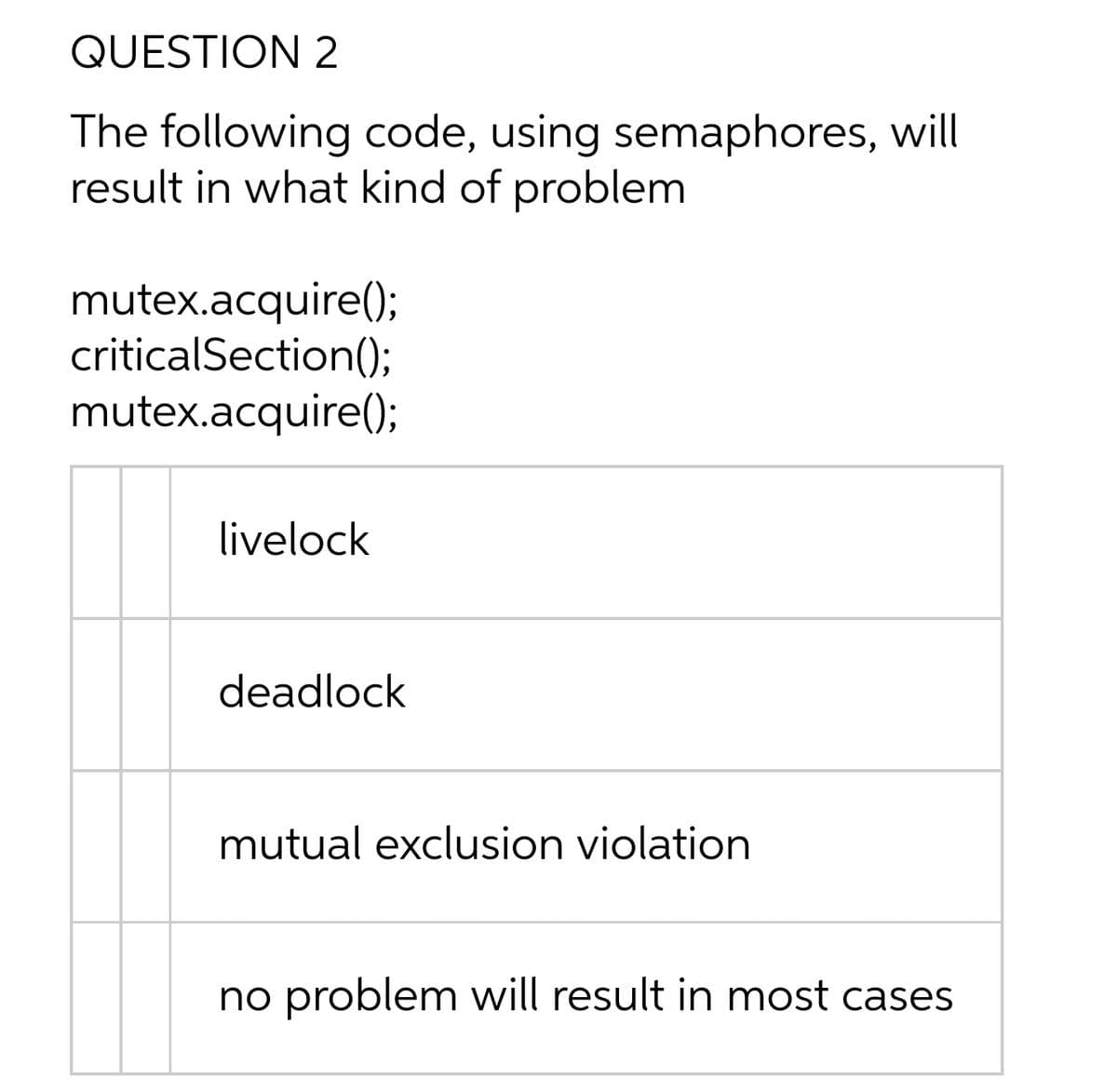 QUESTION 2
The following code, using semaphores, will
result in what kind of problem
mutex.acquire();
criticalSection();
mutex.acquire();
livelock
deadlock
mutual exclusion violation
no problem will result in most cases
