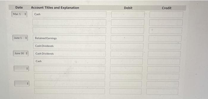 Date
Account Titles and Explanation
Debit
Credit
Mar. 1
Cash
June 1
Retained Earnings
Cash Dividends
June 30 :
Cash Dividends
Cash
