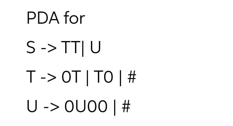 PDA for
S-> TT| U
T-> OT | TO | #
U -> OU00 | #
