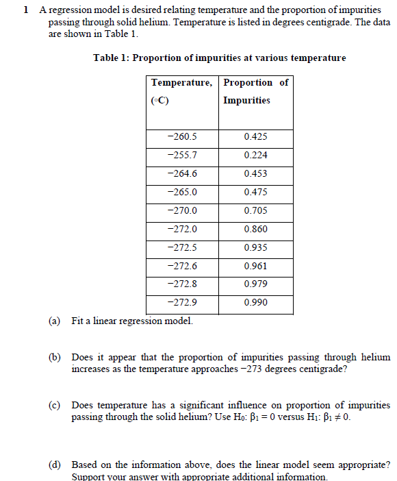 1 Aregression model is desired relating temperature and the proportion of impurities
passing through solid helium. Temperature is listed in degrees centigrade. The data
are shown in Table 1.
Table 1: Proportion of impurities at various temperature
Temperature, Proportion of
(C)
Impurities
-260.5
0.425
-255.7
0.224
-264.6
0.453
-265.0
0.475
-270.0
0.705
-272.0
0.860
-272.5
0.935
-272.6
0.961
-272.8
0.979
-272.9
0.990
(a) Fit a linear regression model.
(b) Does it appear that the proportion of impurities passing through helium
increases as the temperature approaches –273 degrees centigrade?
(c) Does temperature has a significant influence on proportion of impurities
passing through the solid helium? Use Họ: B1 = 0 versus H1: B1 + 0.
(d) Based on the information above, does the linear model seem appropriate?
Support your answer with appropriate additional information.
