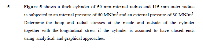 5
Figure 5 shows a thick cylinder of 50 mm internal radius and 115 mm outer radius
is subjected to an internal pressure of 60 MN/m² and an extemal pressure of 30 MN/m?.
Determine the hoop and radial stresses at the inside and outside of the cylinder
together with the longitudinal stress if the cylinder is assumed to have closed ends
using analytical and graphical approaches.
