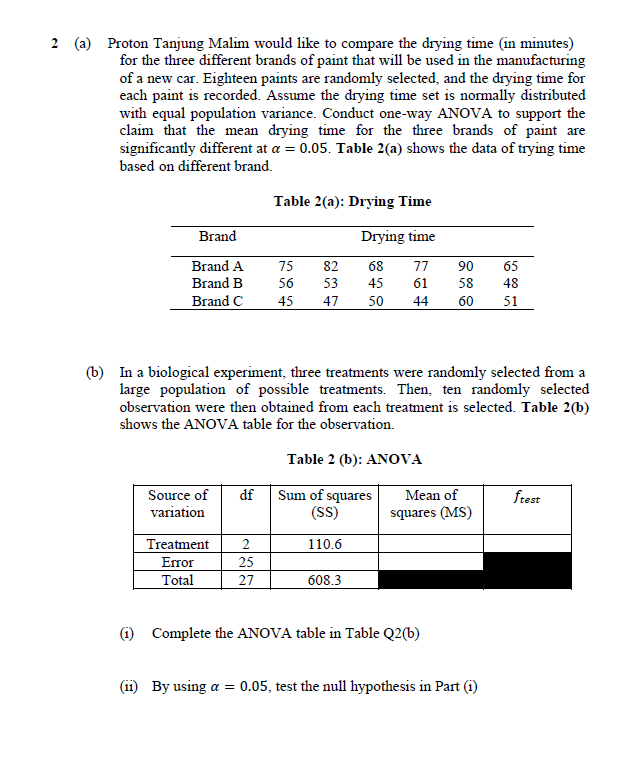 2 (a) Proton Tanjung Malim would like to compare the drying time (in minutes)
for the three different brands of paint that will be used in the manufacturing
of a new car. Eighteen paints are randomly selected, and the drying time for
each paint is recorded. Assume the drying time set is normally distributed
with equal population variance. Conduct one-way ANOVA to support the
claim that the mean drying time for the three brands of paint are
significantly different at a = 0.05. Table 2(a) shows the data of trying time
based on different brand.
Table 2(a): Drying Time
Brand
Drying time
Brand A
75
82
68
77
90
65
Brand B
56
53
45
61
58
48
Brand C
45
47
50
44
60
51
(b) In a biological experiment, three treatments were randomly selected from a
large population of possible treatments. Then, ten randomly selected
observation were then obtained from each treatment is selected. Table 2(b)
shows the ANOVA table for the observation.
Table 2 (b): ANOVA
Source of
Sum of squares
(SS)
df
Mean of
frest
variation
squares (MS)
Treatment
2
110.6
Error
25
Total
27
608.3
(i) Complete the ANOVA table in Table Q2(b)
(1i) By using a = 0.05, test the null hypothesis in Part (i)
