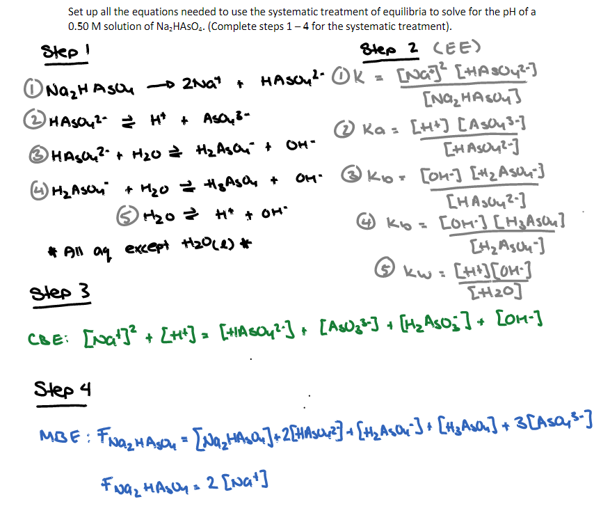 Set up all the equations needed to use the systematic treatment of equilibria to solve for the pH of a
0.50 M solution of Na₂HASO₂. (Complete steps 1-4 for the systematic treatment).
Step 1
Step 2 CEE)
Na₂H ASO₂ -> 2NG"
Aso
→→ 2NG" + HASO₂². Ok
HASO4²- = H* + ASO ₂³-
· HA₂O₂₂² + H₂0 = H₂₂A₂O₁₁² + OH-
OH"
· H₂Aso₁₁²³ + H₂O = H₂A₂Q₁₂₁ +
5 +₂₂0 = +* + OH'
[NG]² [HASO4²-]
[NG₂ HASO₂]
Ka= [H] [AsOy ³-]
[+AsOy²-]
K₁0 = [OH-] [#1₂ Asu₂₂-]
[HASO4²-]
@
# All aq except +₂0 (2) *
Step 3
K6=
[OH-] [H₂Ason]
[H₂ Asun]
kw = [H+][OH-]
[₂0]
CBE: [Na]²+ [++] = [+ASO₁²] + [A$U₂³] + [H₂A₂0₂] + [OH-]
Step 4
MBE: FNA₂HASO₂ = [Na₂HASQ₂] + 2 [HASUL₂²] + [#₂ AsO₁₂²] + [#₂ A₂0₁₂] + 3 [AsQ₂, ³-]
Fua₂ HASUY = 2 [Nat]