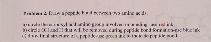 Problem 2. Draw a peptide bond between two amino acids:
a) circle the carboxyl and amino group involved in bonding -use red ink.
b) circle OH and H that will be removed during peptide bond formation-use blue ink
c) draw final structure of a peptide-use green ink to indicate peptide bond.