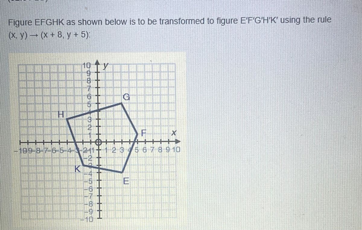 Figure EFGHK as shown below is to be transformed to figure E'F'G'H'K' using the rule
(X, y) (X+ 8, y + 5).
10
6.
8.
9.
109-8-7-6-5-4-
2345678910
K
6.
OO7O5
32
4507 B90
