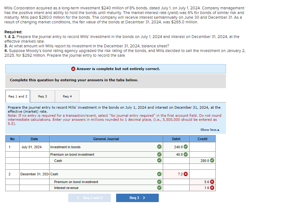 Mills Corporation acquired as a long-term Investment $240 million of 8% bonds, dated July 1, on July 1, 2024. Company management
has the positive intent and ability to hold the bonds until maturity. The market Interest rate (yield) was 6% for bonds of similar risk and
maturity. Mills paid $280.0 million for the bonds. The company will receive interest semiannually on June 30 and December 31. As a
result of changing market conditions, the fair value of the bonds at December 31, 2024, was $265.0 million.
Required:
1. & 2. Prepare the Journal entry to record Mills Investment in the bonds on July 1, 2024 and Interest on December 31, 2024, at the
effective (market) rate.
3. At what amount will Mills report Its Investment in the December 31, 2024, balance sheet?
4. Suppose Moody's bond rating agency upgraded the risk rating of the bonds, and Mills decided to sell the investment on January 2,
2025, for $292 million. Prepare the journal entry to record the sale.
Complete this question by entering your answers in the tabs below.
Req 1 and 2
Prepare the journal entry to record Mills' investment in the bonds on July 1, 2024 and interest on December 31, 2024, at the
effective (market) rate.
Note: If no entry is required for a transaction/event, select "No journal entry required" in the first account field. Do not round
intermediate calculations. Enter your answers in millions rounded to 1 decimal place, (i.e., 5,500,000 should be entered as
5.5).
No
1
2
Req 3
> Answer is complete but not entirely correct.
Date
July 01, 2024
Req 4
Investment in bonds
December 31, 2024 Cash
General Journal
Premium on bond investment
Cash
Premium on bond investment
Interest revenue
< Req 1 and 2
Req 3 >
33 3
› › ›
✔
Debit
240.0
40.0✔
7.2 X
Show less
Credit
280.0✔
5.6 x
1.6 X