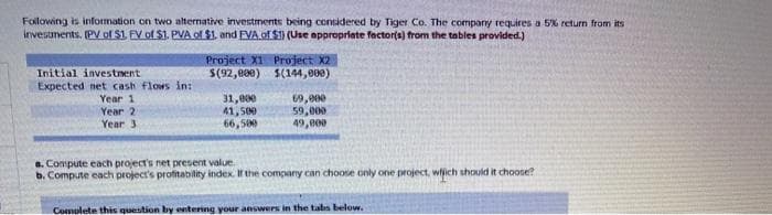 Foilowing is information on two alternative investments being considered by Tiger Co. The company requires a 5% return from its
invesunents. (PV of $1 EV of $1. PVA of $1. and FVA of $1 (Use appropriate factor(s) from the tables provided.)
Initial investnent
Expected net cash flows in:
Project X1 Project X2
S(92,800) 5(144,000)
31,000
41, 500
66,500
69,000
59,000
49,000
Year 1
Year 2
Year 3
a. Compute each project's net present value.
b. Compute each project's profitability index.ir the company can choose only one project, wfjich should it choose?
Comolete this question by entering your answers in the tabs below.
