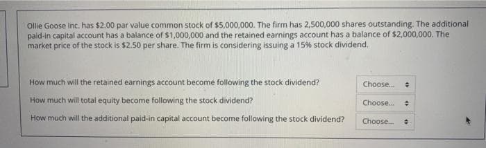Ollie Goose Inc. has $2.00 par value common stock of $5,000,000. The firm has 2,500,000 shares outstanding. The additional
paid-in capital account has a balance of $1,000,000 and the retained earnings account has a balance of $2,000,000. The
market price of the stock is $2.50 per share. The firm is considering issuing a 15% stock dividend.
How much will the retained earnings account become following the stock dividend?
Choose..
How much will total equity become following the stock dividend?
Choose.
How much will the additional paid-in capital account become following the stock dividend?
Choose.

