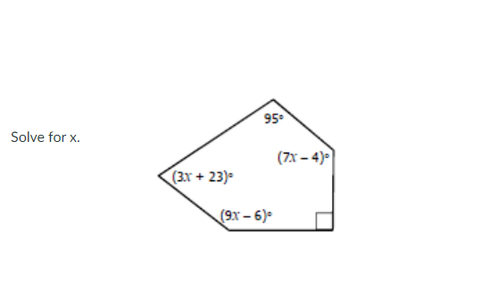 95
Solve for x.
(7x – 4)-
(3x + 23)-
(9x - 6)
