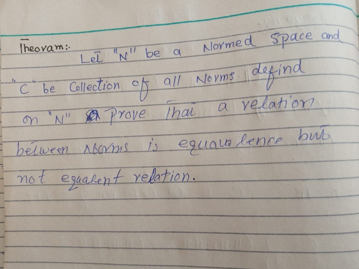 Iheovam:
Lel "N" be a
Noyme d Space and
C be Collection of all Norms
on 'N" En Prove hal
a velation
belween Abornis is lenre
equala
bub
not eguakent relation.
