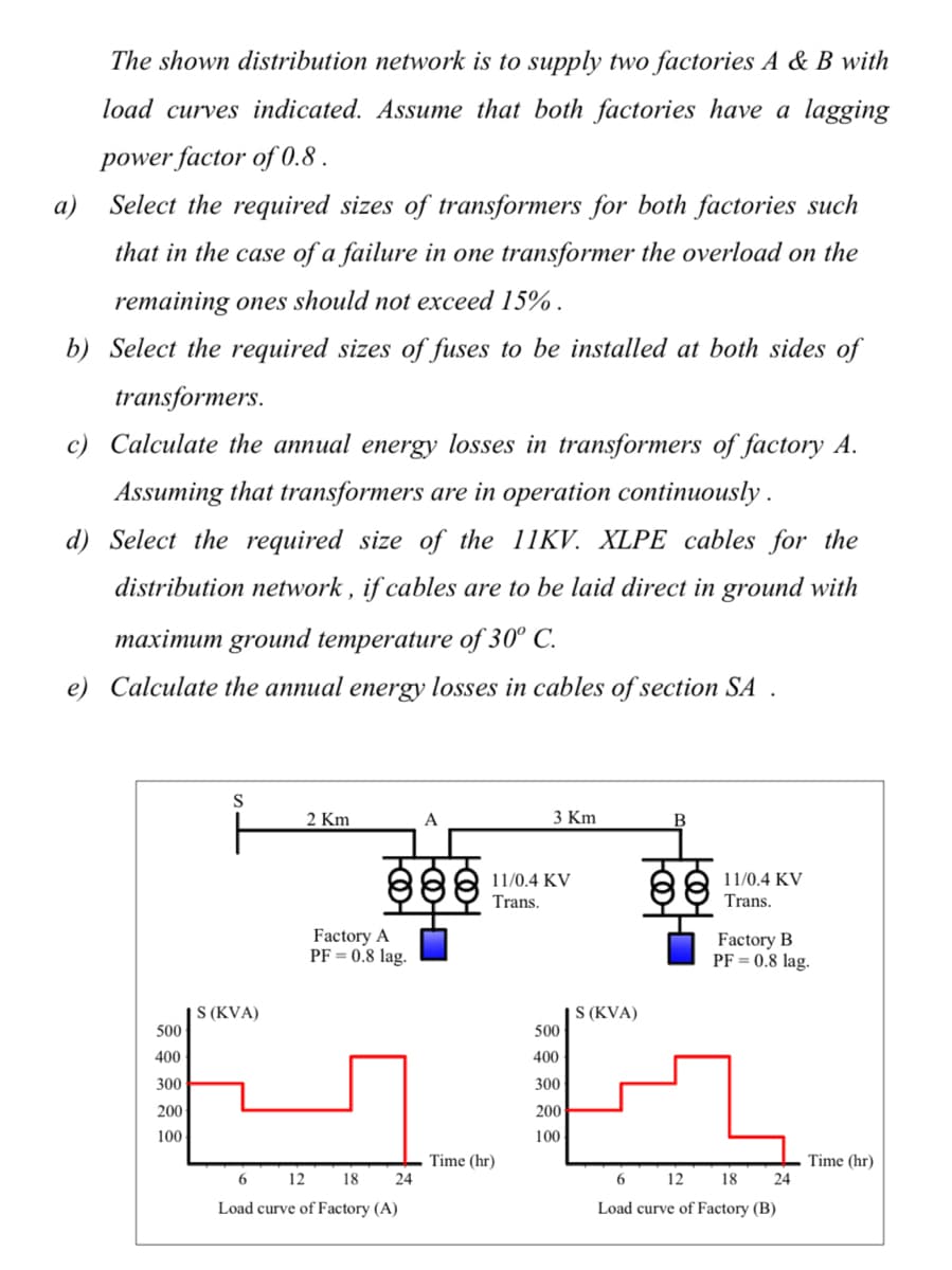 The shown distribution network is to supply two factories A & B with
load curves indicated. Assume that both factories have a lagging
power factor of 0.8 .
a) Select the required sizes of transformers for both factories such
that in the case of a failure in one transformer the overload on the
remaining ones should not exceed 15% .
b) Select the required sizes of fuses to be installed at both sides of
transformers.
c) Calculate the annual energy losses in transformers of factory A.
Assuming that transformers are in operation continuously .
d) Select the required size of the 11KV. XLPE cables for the
distribution network , if cables are to be laid direct in ground with
maximum ground temperature of 30° C.
e) Calculate the annual energy losses in cables of section SA .
S
2 Km
A
3 Km
B
11/0.4 KV
Trans.
11/0.4 KV
Trans.
Factory A
PF = 0.8 lag.
Factory B
PF = 0.8 lag.
| S (KVA)
500
| (KVA)
500
400
400
300
300
200
200
100
100
Time (hr)
24
Time (hr)
24
6.
12
18
12
18
Load curve of Factory (A)
Load curve of Factory (B)
