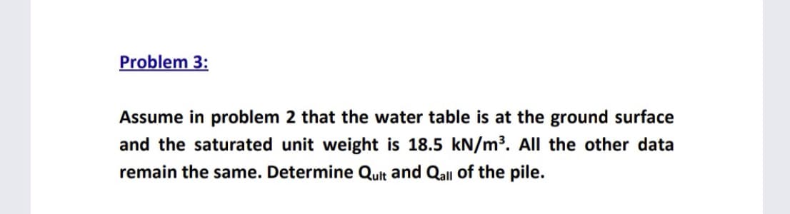 Problem 3:
Assume in problem 2 that the water table is at the ground surface
and the saturated unit weight is 18.5 kN/m³. All the other data
remain the same. Determine Qult and Qall of the pile.
