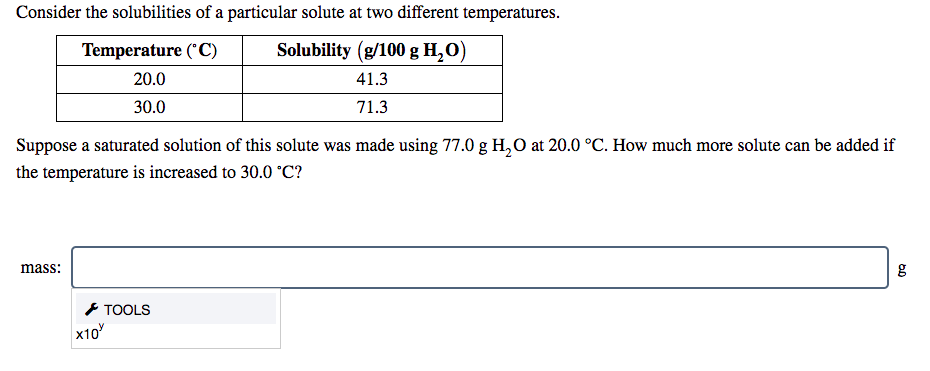 Consider the solubilities of a particular solute at two different temperatures.
Temperature ("C)
Solubility (g/100 g H,O)
20.0
41.3
30.0
71.3
Suppose a saturated solution of this solute was made using 77.0 g H,O at 20.0 °C. How much more solute can be added if
the temperature is increased to 30.0 °C?
mass:
g
* TOOLS
х10
