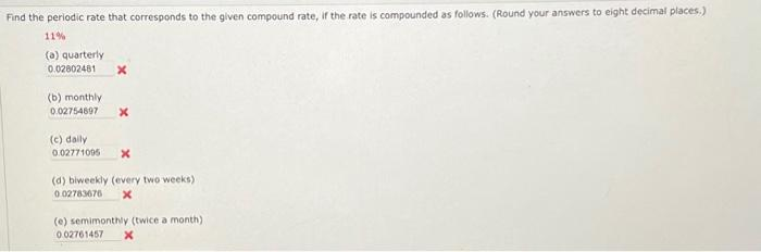 Find the periodic rate that corresponds to the given compound rate, if the rate is compounded as follows. (Round your answers to eight decimal places.)
11%
(a) quarterly
0.02802481 X
(b) monthly
0.02754697 X
(c) daily
0.02771005 X
(d) biweekly (every two weeks)
0.02783676 x
(e) semimonthly (twice a month).
0.02761457