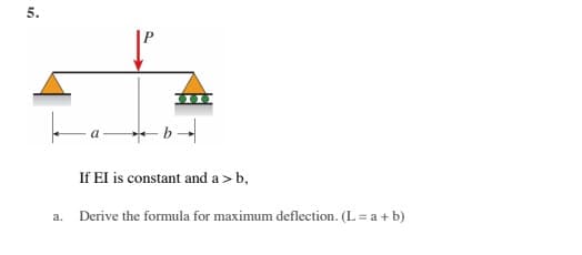 5.
a.
If EI is constant and a >
>b,
Derive the formula for maximum deflection. (L = a + b)