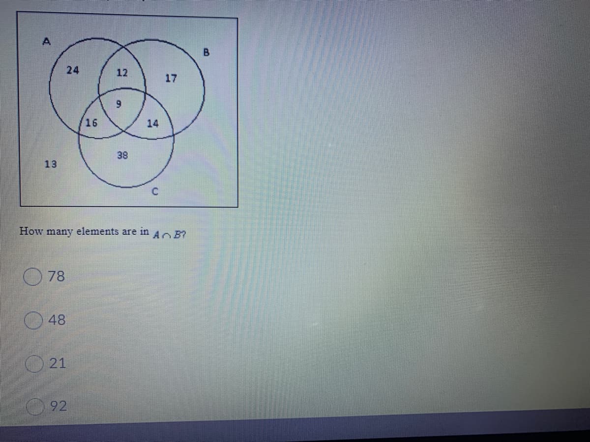 B.
24
12
17
6.
16
14
38
13
C.
How many elements are in
AnB?
78
48
21
92
