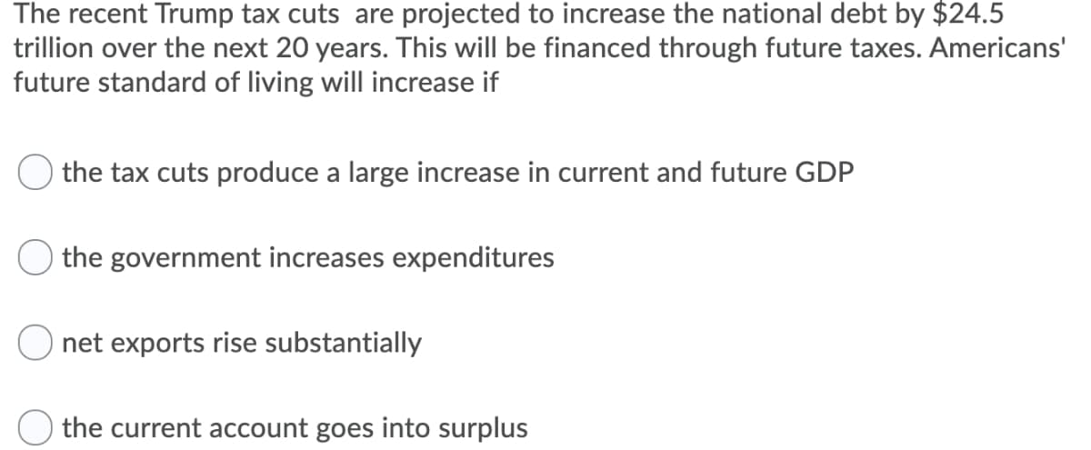 The recent Trump tax cuts are projected to increase the national debt by $24.5
trillion over the next 20 years. This will be financed through future taxes. Americans'
future standard of living will increase if
the tax cuts produce a large increase in current and future GDP
the government increases expenditures
net exports rise substantially
the current account goes into surplus