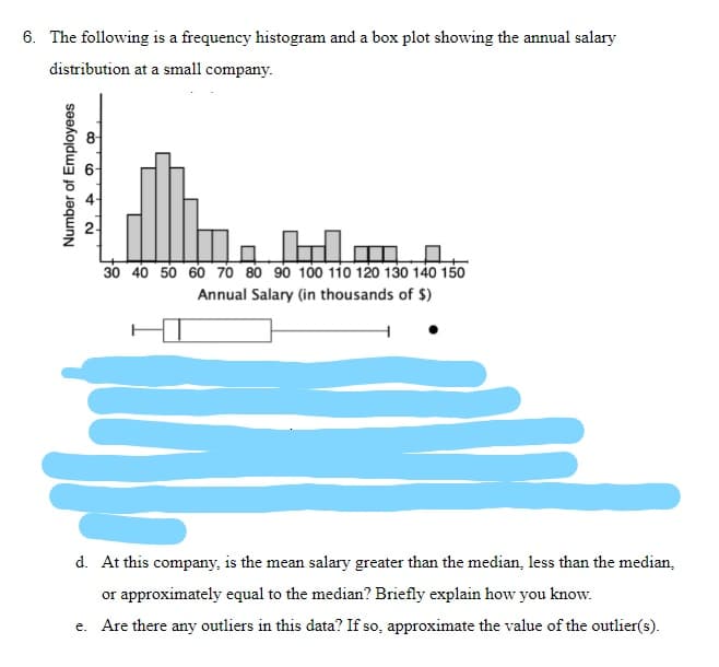 6. The following is a frequency histogram and a box plot showing the annual salary
distribution at a small company.
30 40 50 60 70 80 90 100 110 120 130 140 150
Annual Salary (in thousands of $)
Number of Employees
2.
