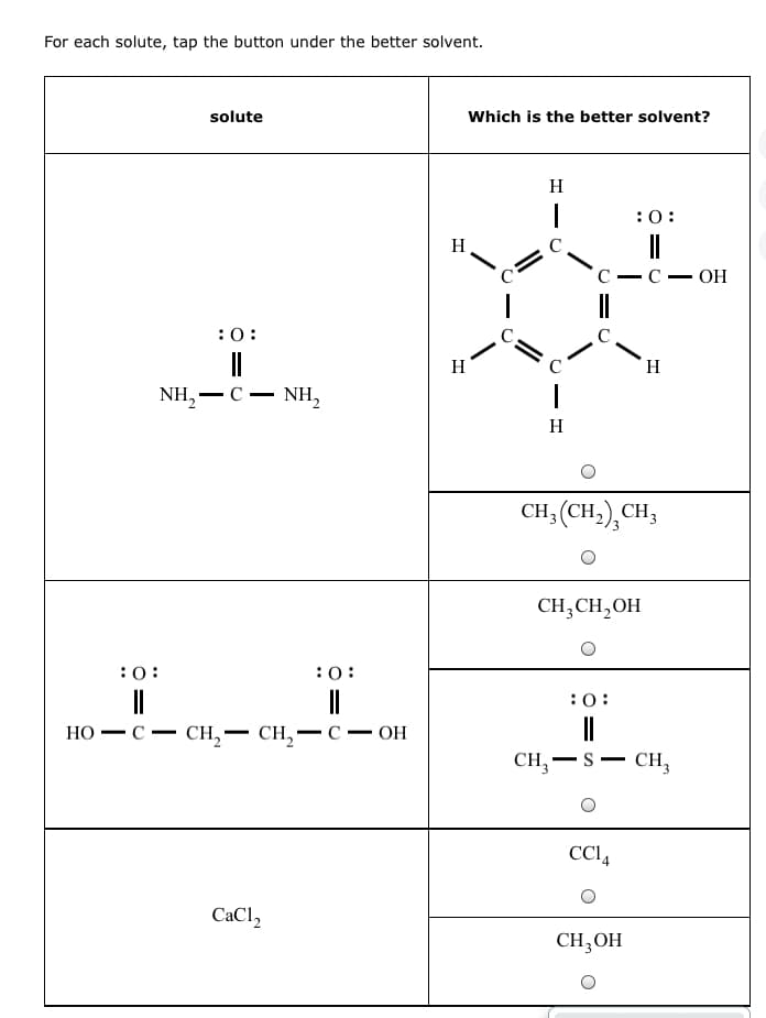 ### Solubility Exercise

For each solute, tap the button under the better solvent.

| Solute                                          | Which is the Better Solvent?                          |
|-------------------------------------------------|------------------------------------------------------|
| ![Solute1](https://imgur.com/sol1.png)          | ![SolventA](https://imgur.com/solventA.png)          |
| NH<sub>2</sub>--C==O--NH<sub>2</sub>            | ![SolventB](https://imgur.com/solventB.png)          |
|                                                 | CH<sub>3</sub>(CH<sub>2</sub>)<sub>3</sub>CH<sub>3</sub> |
| ![Solute2](https://imgur.com/sol2.png)          | ![SolventC](https://imgur.com/solventC.png)          |
| HO--C==O--CH<sub>2</sub>--CH<sub>2</sub>--C==O--OH | ![SolventD](https://imgur.com/solventD.png)          |
|                                                 | CH<sub>3</sub>--S==O--CH<sub>3</sub>                 |
| CaCl<sub>2</sub>                                | ![SolventE](https://imgur.com/solventE.png)          |
|                                                 | ![SolventF](https://imgur.com/solventF.png)          |
|                                                 | CH<sub>3</sub>OH                                     |

When deciding which solvent is better, consider the chemical characteristics and similarities between the solute and the solvent. Similar types of bonding, polarity, and functional groups typically lead to better solubility.

#### Explanations of Graphs and Diagrams:

1. **First Solute-Solvent Pair**:
    - **Solute**: Urea (NH<sub>2</sub>--C==O--NH<sub>2</sub>), which contains a carbonyl group flanked by two amine groups.
    - **Solvents**: 
        - A molecule containing an aromatic ring with a carboxyl group (likely benzoic acid).
        - n-Hexane (CH<sub>3</sub>(CH<sub>2</sub>)<sub>3