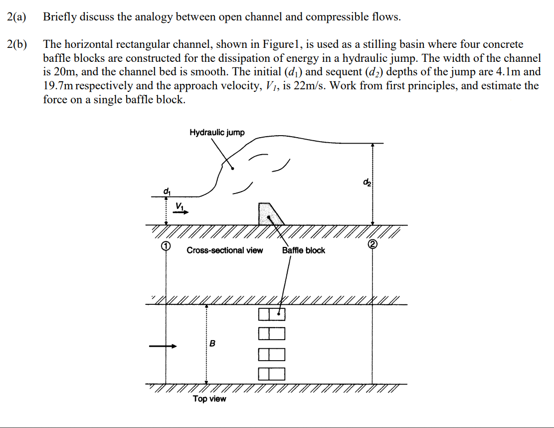 2(a)
Briefly discuss the analogy between open channel and compressible flows.
2(b)
The horizontal rectangular channel, shown in Figure1, is used as a stilling basin where four concrete
baffle blocks are constructed for the dissipation of energy in a hydraulic jump. The width of the channel
is 20m, and the channel bed is smooth. The initial (d1) and sequent (d2) depths of the jump are 4.1m and
19.7m respectively and the approach velocity, V1, is 22m/s. Work from first principles, and estimate the
force on a single baffle block.
Hydraulic jump
Cross-sectional view
Baffle block
B
Top view
8008
