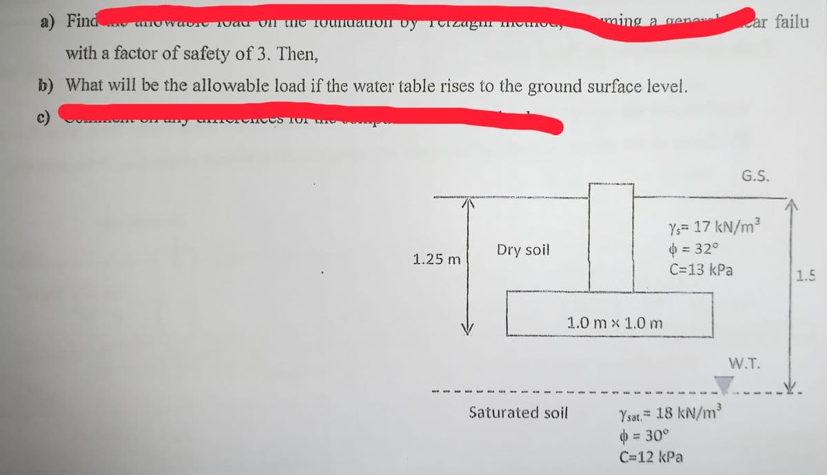 a) Find
ming a gene
ar failu
with a factor of safety of 3. Then,
b) What will be the allowable load if the water table rises to the ground surface level.
c)
G.S.
Ys= 17 kN/m³
O = 32°
C=13 kPa
Dry soil
%3D
1.25 m
1.5
1.0 m x 1.0 m
W.T.
Ysat.= 18 kN/m³
(þ = 30°
Saturated soil
C=12 kPa
