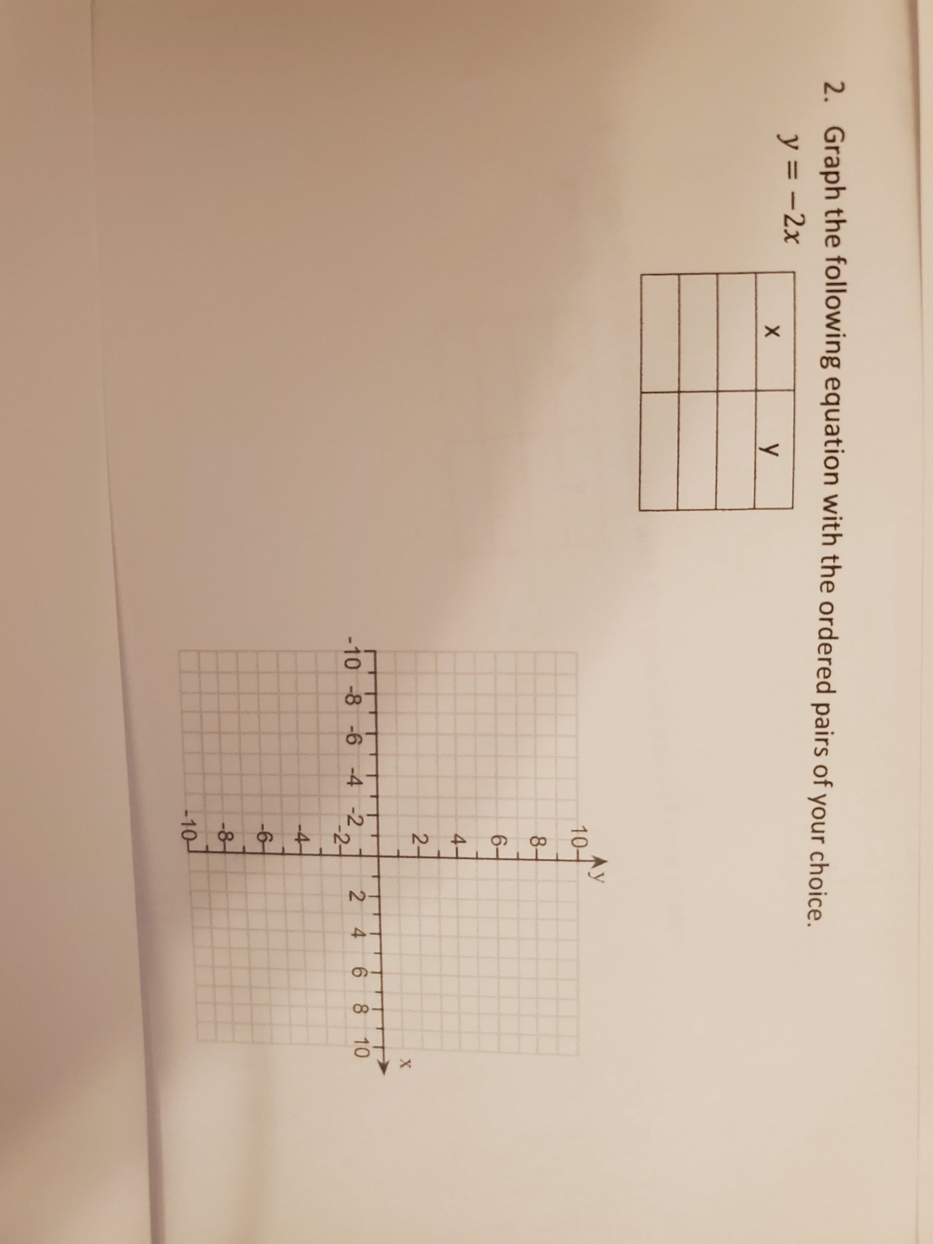 Graph the following equation with the ordered pairs of your choice.
y = -2x
%3D
y
Ay
