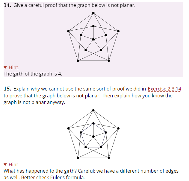 14. Give a careful proof that the graph below is not planar.
▼ Hint.
The girth of the graph is 4.
15. Explain why we cannot use the same sort of proof we did in Exercise 2.3.14
to prove that the graph below is not planar. Then explain how you know the
graph is not planar anyway.
▼ Hint.
What has happened to the girth? Careful: we have a different number of edges
as well. Better check Euler's formula.