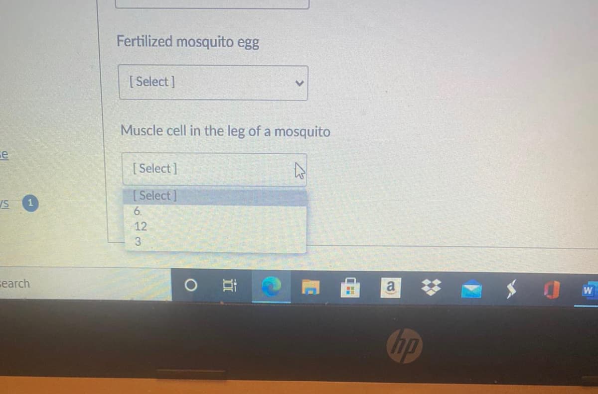 Fertilized mosquito egg
[ Select ]
Muscle cell in the leg of a mosquito
se
[ Select ]
[ Select]
6.
12
3
search
a
W
