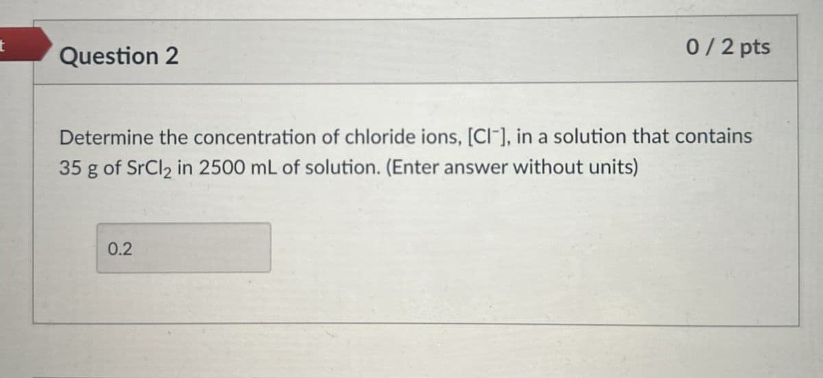 Question 2
0/2 pts
Determine the concentration of chloride ions, [CI], in a solution that contains
35 g of SrCl2 in 2500 mL of solution. (Enter answer without units)
0.2