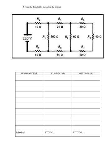 2. Use the Kirchoff's Laws for the Circuit
R₂
www
100
25 02
220 V
L
RESISTANCE (K)
RTOTAL
R₂
w
15 Q
R₁ 300 0
R₂
350
CURRENT (
I TOTAL
R₂ 600
R₂
30 12
R, 400
R₂
5002
VOLTAGE (V)
V TOTAL