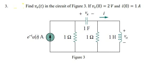 Find v, (t) in the circuit of Figure 3. If v½(0) = 2 V and i(0) = 1 A
3.
+ Vx
i
1 F
e'u(t) A
10
12
1 H
Figure 3
